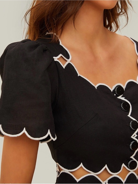 FARM Rio Dresses & Skirts - FARM Rio Black Midi Linen Dress with White Scallop Trim